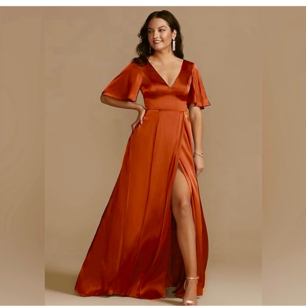 Elegant Rust Orange Satin Maxi Dress with V-Neck